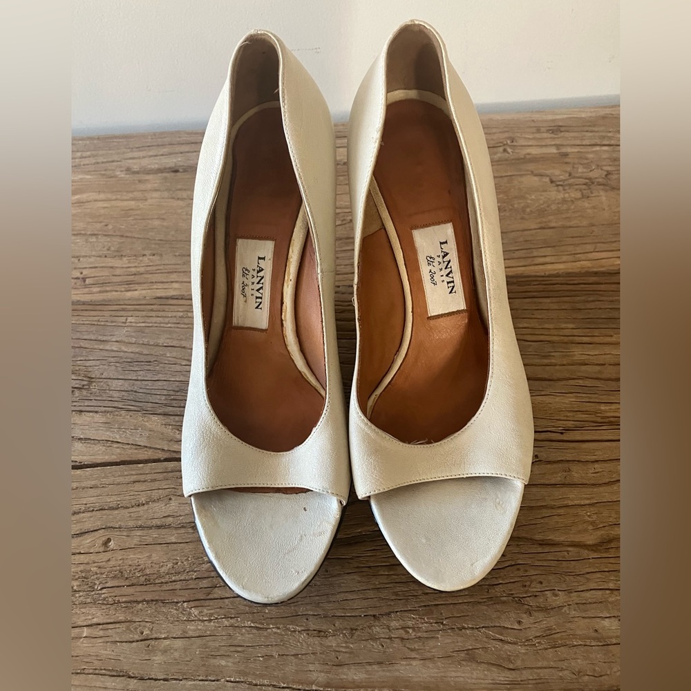 Lanvin Cream Open Toe Platform Wood Wedges